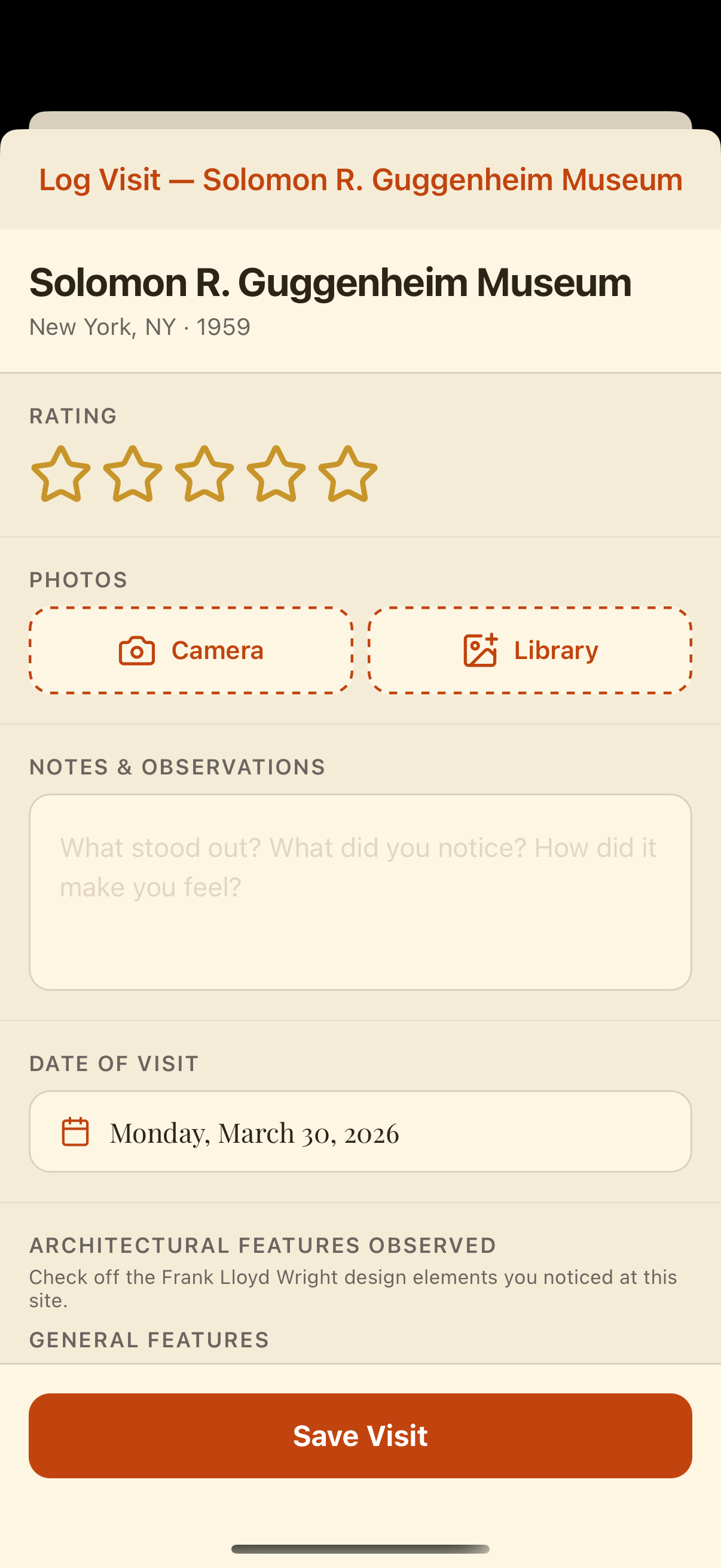 Visit logging screen